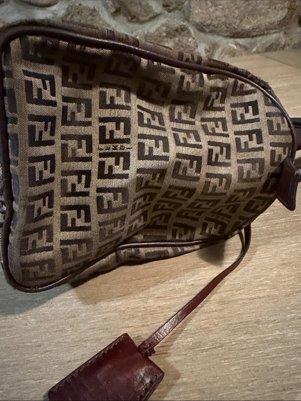 Fendi Brown Zucca Logo Canvas Satchel with Dark Brown Leather Trim